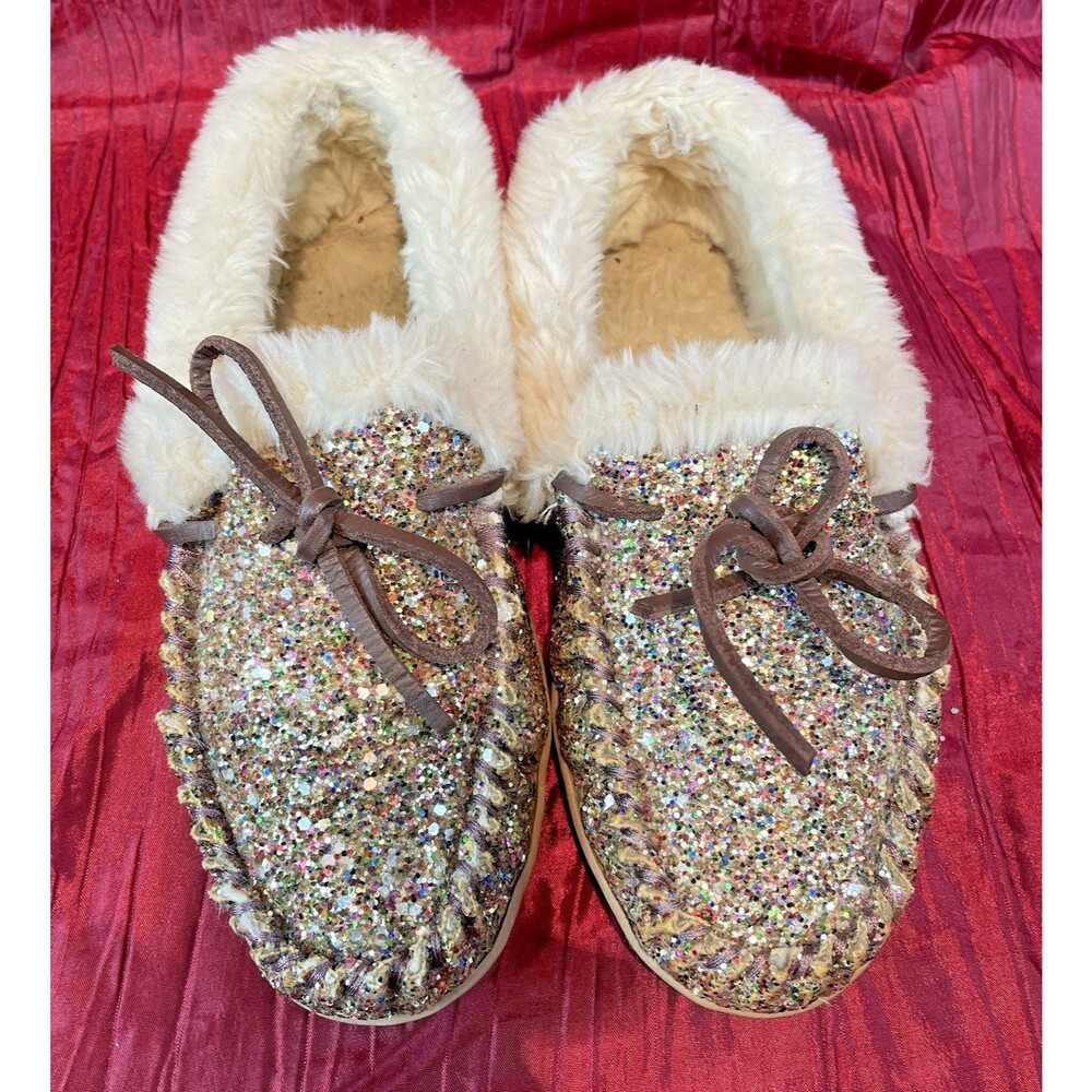Womens J.Crew Glitter Faux-Shearling House Slippers Moccasins sz 8 - Picture 4 of 8